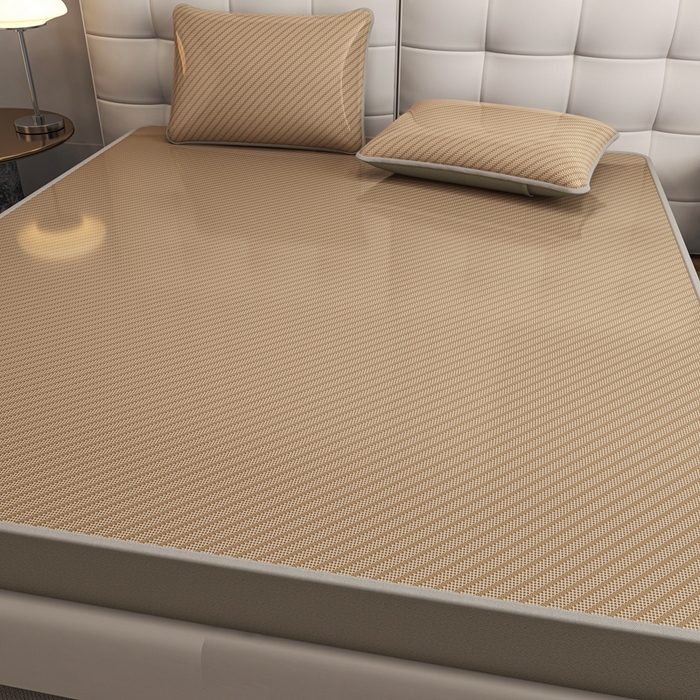 91家纺网 家纺一手货源 找家纺 欧邦 2025春夏新款水某星同款斜纹提花冰丝席三件套 床笠款-深咖