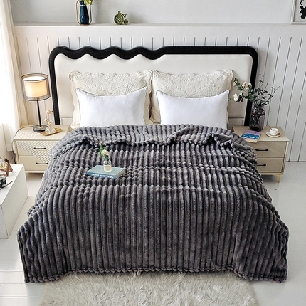 美洲琳 2025新款仿兔毛大泡泡宽抽条毛毯毯子 深灰