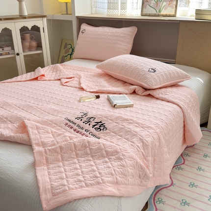 云雀 2025新款A类加棉刺绣棉花床笠+盖毯 棉花盖毯-玉粉