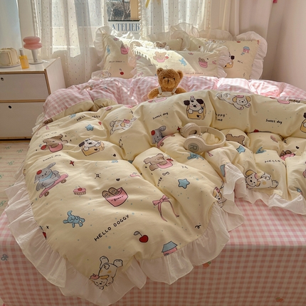 91家纺网 家纺一手货源 找家纺 （总）六巷胡同 2025新款韩式INS卡通减龄花边款全棉四件套（第三系）