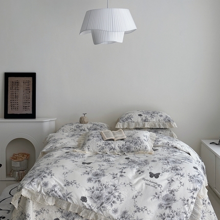 91家纺网 家纺一手货源 找家纺 佰织鑫家居 2025新款全棉法式砂洗棉花床盖款被套四件套