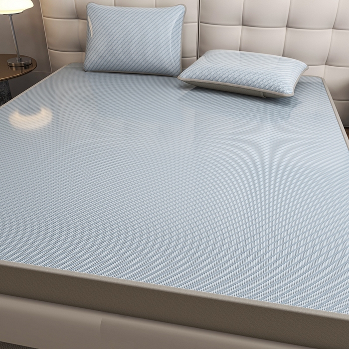 91家纺网 家纺一手货源 找家纺 欧邦 2025春夏新款水某星同款斜纹提花冰丝席三件套 床笠款-水蓝