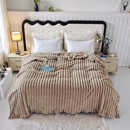 美洲琳 2025新款仿兔毛大泡泡宽抽条毛毯毯子 卡其