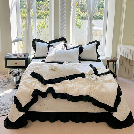 91家纺网 家纺一手货源 找家纺 八方汇（一户被芯生活馆） 2025新款水洗棉花边夏被款夏凉被空调被床盖四件套 赫本-奶油白