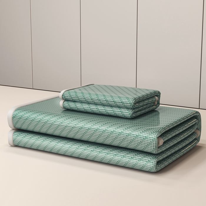 91家纺网 家纺一手货源 找家纺 欧邦 2025春夏新款水某星同款斜纹提花冰丝席三件套 床笠款-松绿