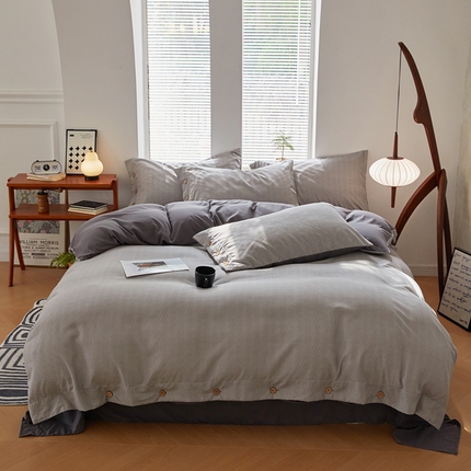 91家纺网 家纺一手货源 找家纺 yyds网供 2025新款A类条纹纽扣款无印风四件套非全棉纯棉日式水洗棉三件套 纽扣条纹-灰