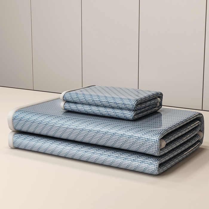 91家纺网 家纺一手货源 找家纺 欧邦 2025春夏新款水某星同款斜纹提花冰丝席三件套 床笠款-深蓝