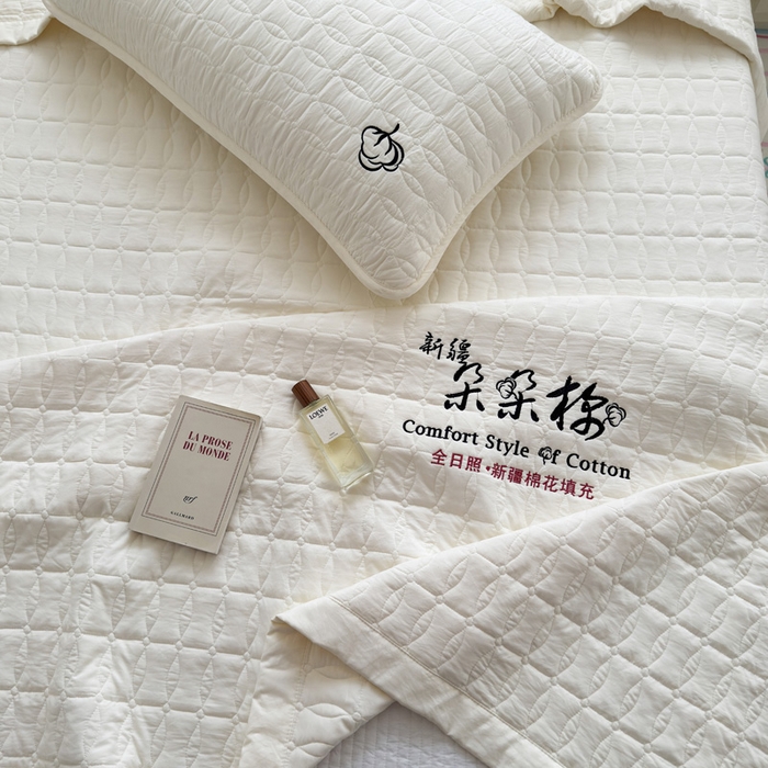 91家纺网 家纺一手货源 找家纺 云雀 2025新款A类加棉刺绣棉花床笠+盖毯 棉花盖毯-米白