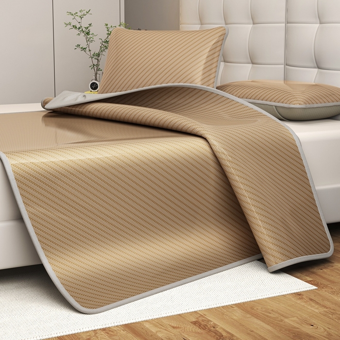 91家纺网 家纺一手货源 找家纺 欧邦 2025春夏新款水某星同款斜纹提花冰丝席三件套 床笠款-深咖