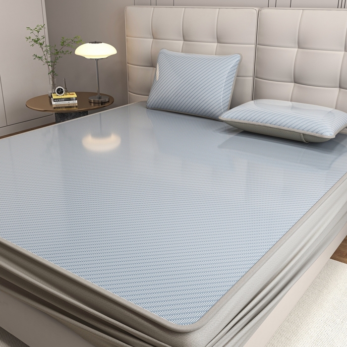 91家纺网 家纺一手货源 找家纺 欧邦 2025春夏新款水某星同款斜纹提花冰丝席三件套 床笠款-水蓝