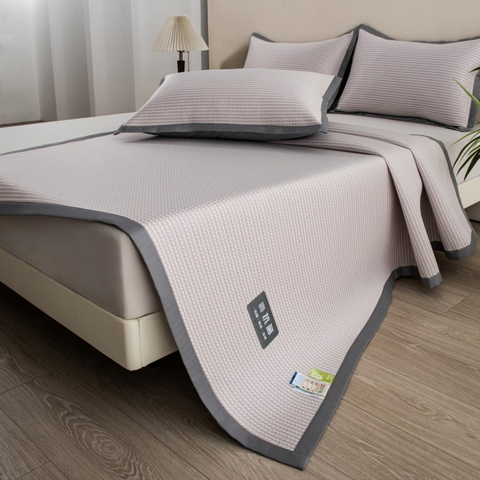 91家纺网 家纺一手货源 找家纺 尚品凤凰 2025新款凉感冰丝席三件套 抗菌波浪纹-粉