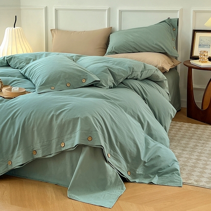 yyds网供 2025新款A类复古纽扣款四件套民宿高克重非全棉纯棉无印风日式水洗棉三件套[买家秀] 松石绿-纯色纽扣款