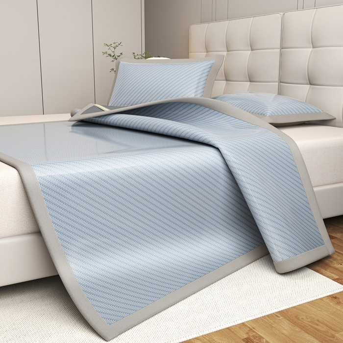 91家纺网 家纺一手货源 找家纺 欧邦 2025春夏新款水某星同款斜纹提花冰丝席三件套 凉席款-水蓝