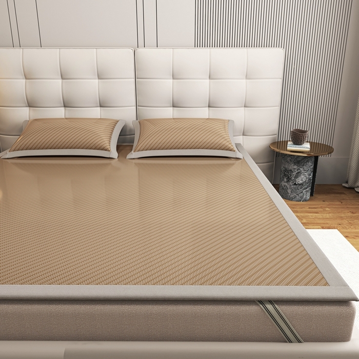 91家纺网 家纺一手货源 找家纺 欧邦 2025春夏新款水某星同款斜纹提花冰丝席三件套 凉席款-深咖