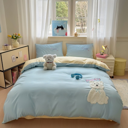 91家纺网 家纺一手货源 找家纺 （总）我心家纺 2025新款简约贴布绣系列四件套学生三件套