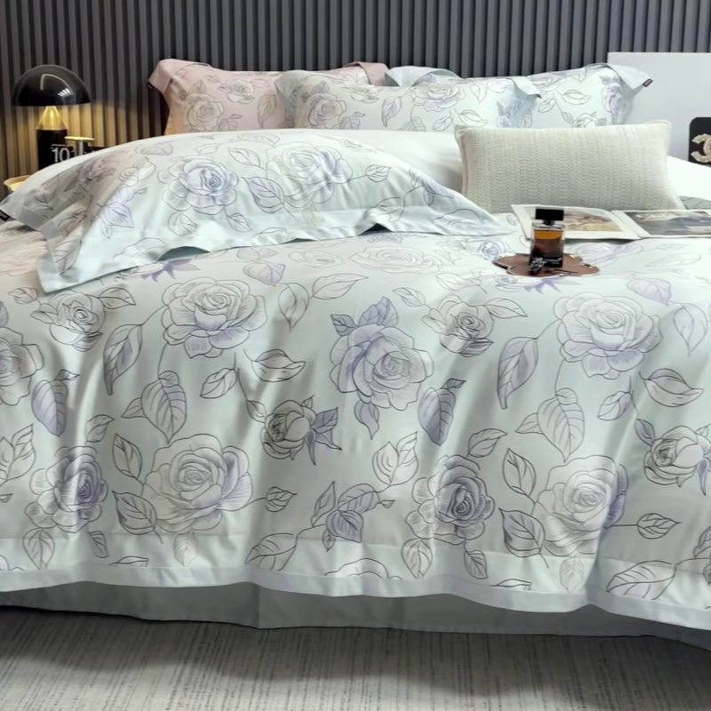 91家纺网 家纺一手货源 找家纺 2025新款夏季热款A类母婴级数码印花全棉四件套高端纯棉被套长绒棉床单床笠床上用品 沐熙-绿