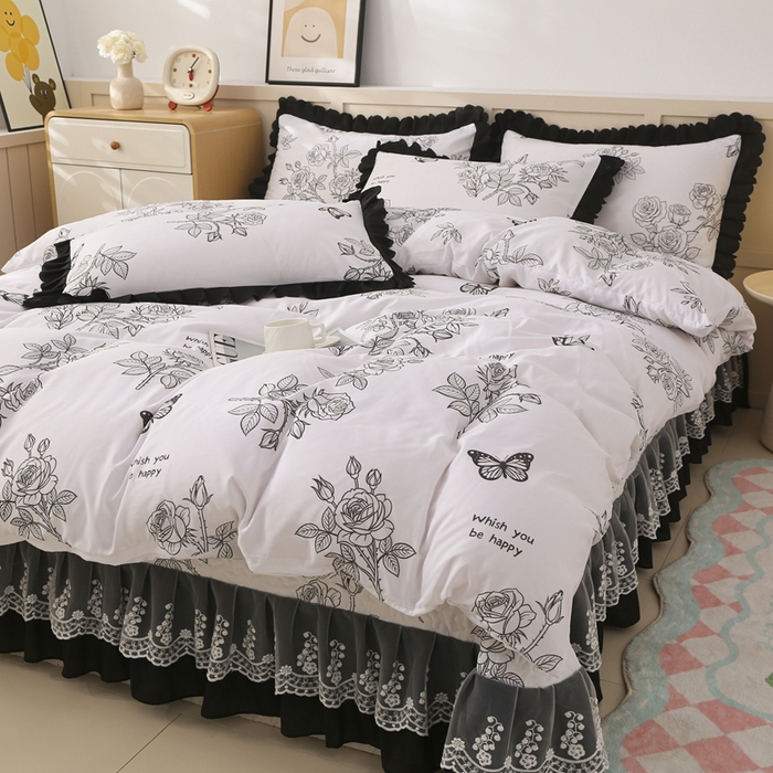 91家纺网 家纺一手货源 找家纺 铠畅  2025新款法式花边云朵棉床盖款夏被四件套 暗香