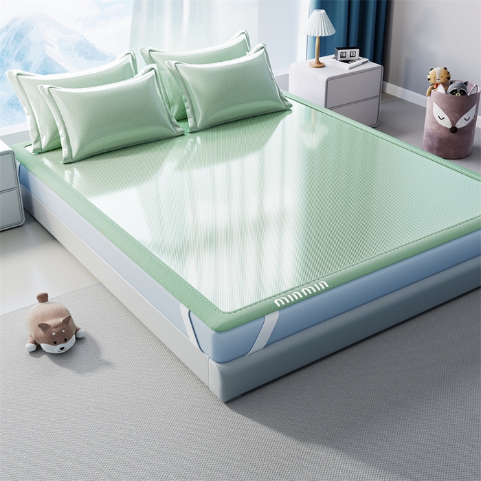 91家纺网 家纺一手货源 找家纺 星座家纺 2025新款斜纹冰丝凉席三件套-绣花款 柠檬绿