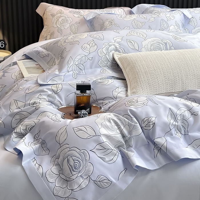 91家纺网 家纺一手货源 找家纺 2025新款夏季热款A类母婴级数码印花全棉四件套高端纯棉被套长绒棉床单床笠床上用品 沐熙-蓝