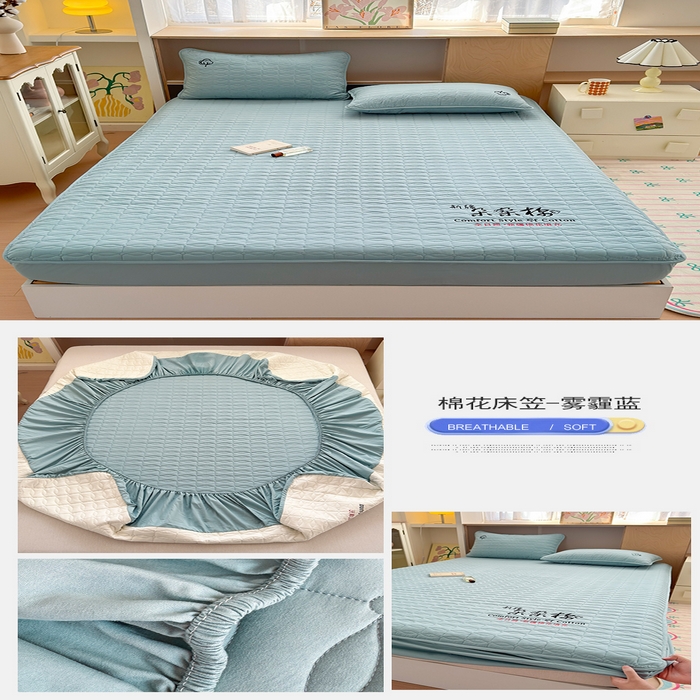 91家纺网 家纺一手货源 找家纺 云雀 2025新款A类加棉刺绣棉花床笠+盖毯 棉花床笠-雾霾蓝
