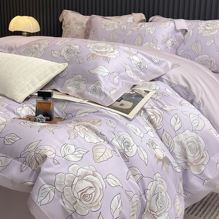 91家纺网 家纺一手货源 找家纺 2025新款夏季热款A类母婴级数码印花全棉四件套高端纯棉被套长绒棉床单床笠床上用品 沐熙-紫