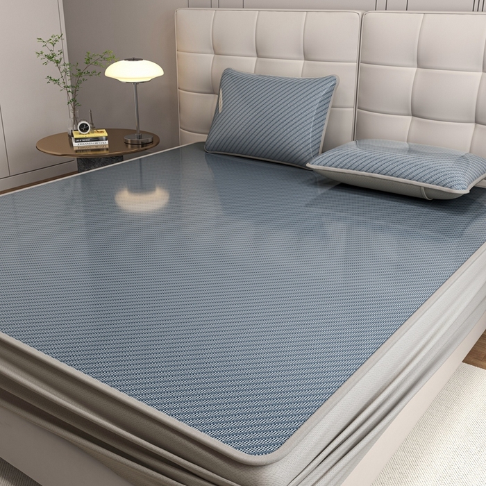 91家纺网 家纺一手货源 找家纺 欧邦 2025春夏新款水某星同款斜纹提花冰丝席三件套 床笠款-深蓝