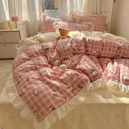 91家纺网 家纺一手货源 找家纺 （总）六巷胡同 2025新款韩式INS卡通减龄花边款全棉四件套（第三系）
