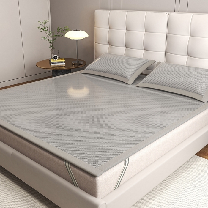 91家纺网 家纺一手货源 找家纺 欧邦 2025春夏新款水某星同款斜纹提花冰丝席三件套 凉席款-气质灰