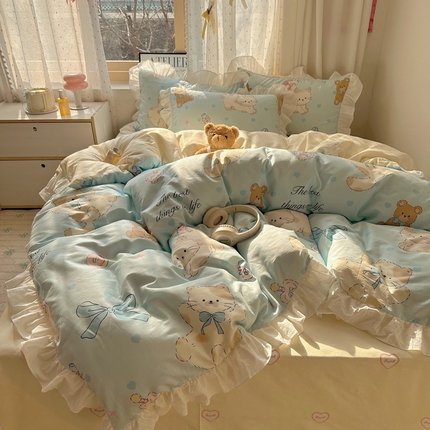 91家纺网 家纺一手货源 找家纺 （总）六巷胡同 2025新款韩式INS卡通减龄花边款全棉四件套（第三系）