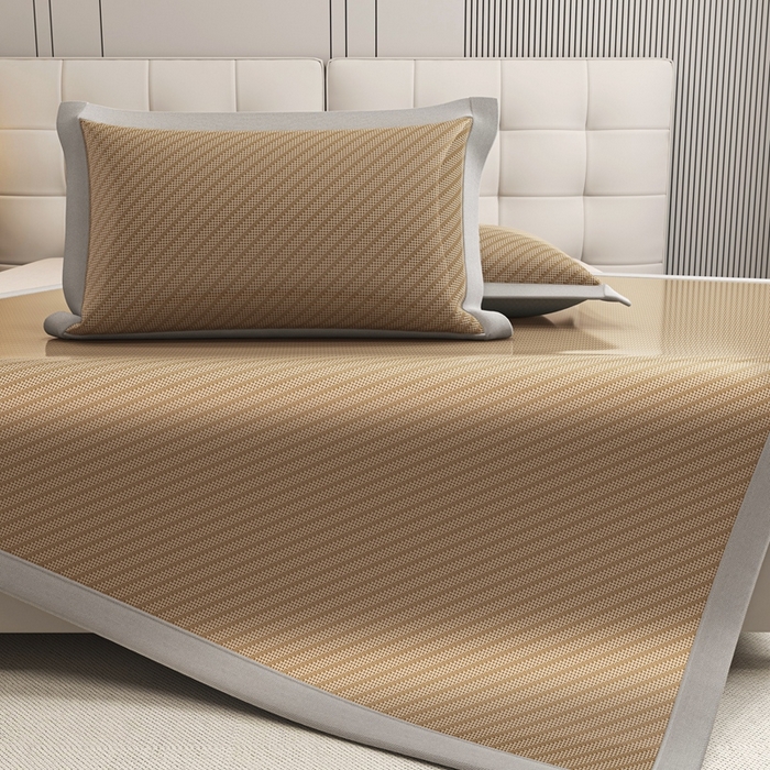 91家纺网 家纺一手货源 找家纺 欧邦 2025春夏新款水某星同款斜纹提花冰丝席三件套 凉席款-深咖