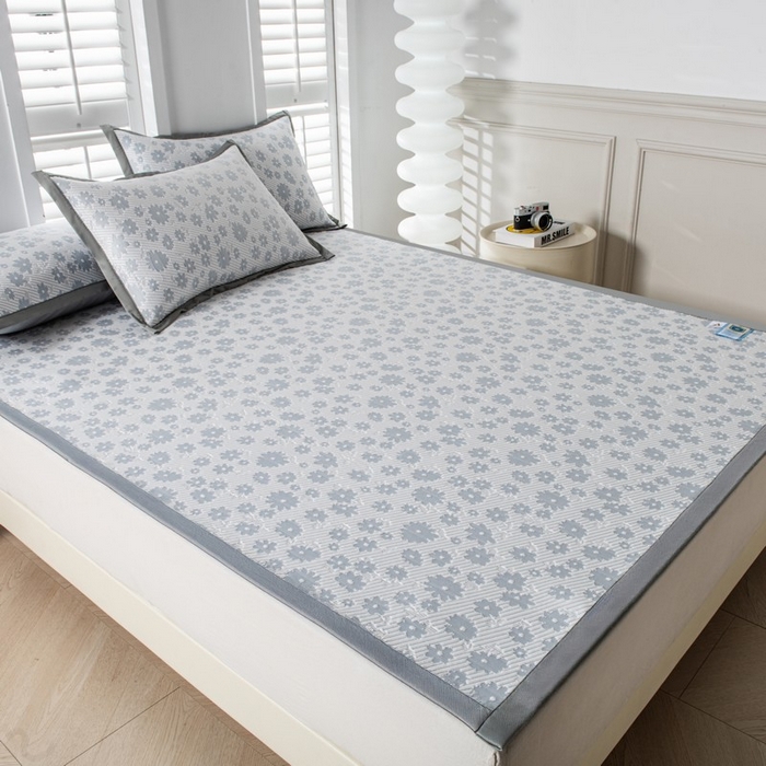 91家纺网 家纺一手货源 找家纺 尚品凤凰 2025新款凉感豆豆席提花三件套 百花争艳  蓝