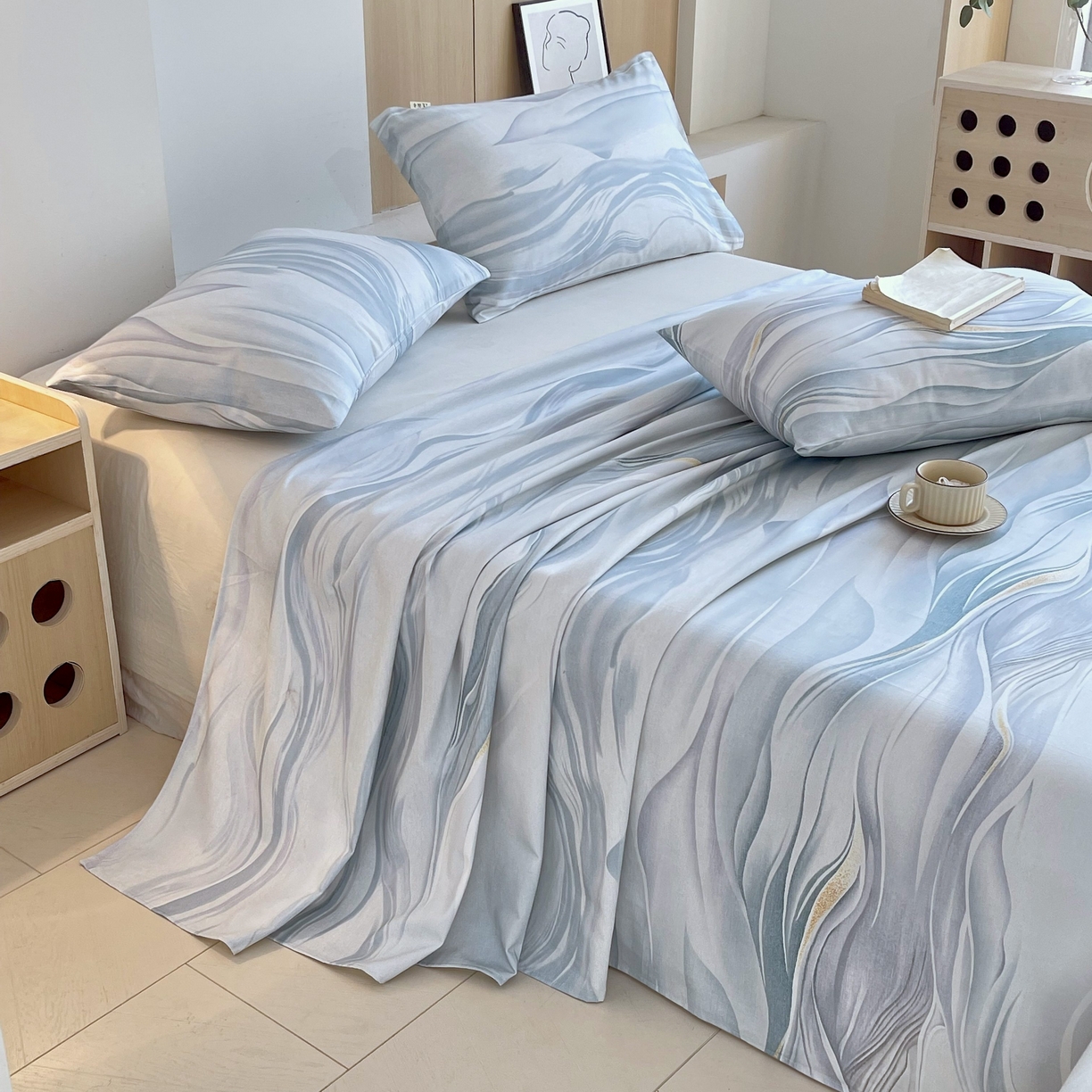 91家纺网 家纺一手货源 找家纺 爱彼被业2025夏季热门华夫格全棉老粗床单凉席-系列四 水墨江南