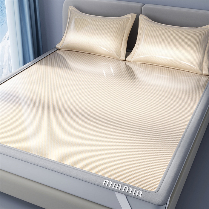 91家纺网 家纺一手货源 找家纺 星座家纺 2025新款斜纹冰丝凉席三件套-绣花款 杏仁咖