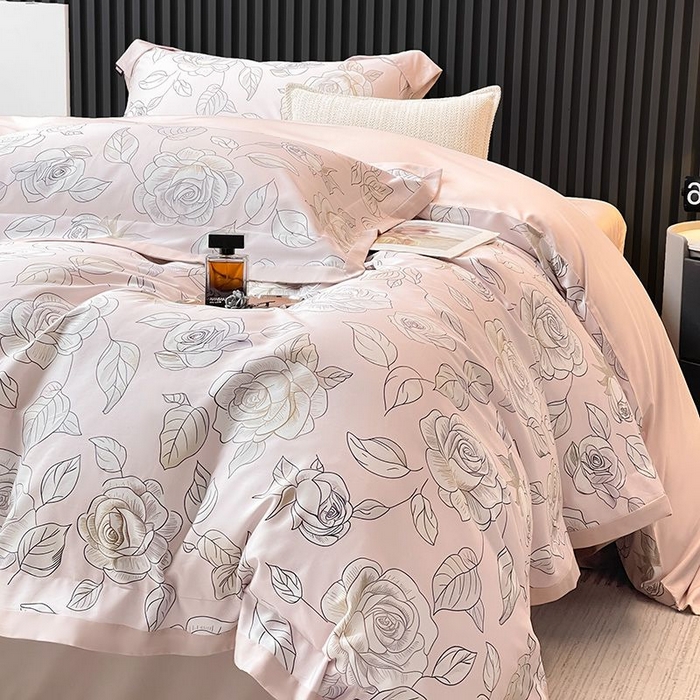 91家纺网 家纺一手货源 找家纺 2025新款夏季热款A类母婴级数码印花全棉四件套高端纯棉被套长绒棉床单床笠床上用品 沐熙-粉