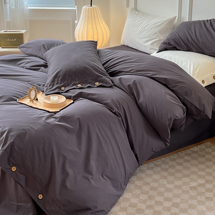yyds网供 2025新款A类复古纽扣款四件套民宿高克重非全棉纯棉无印风日式水洗棉三件套[买家秀] 银幽灰-纯色纽扣款