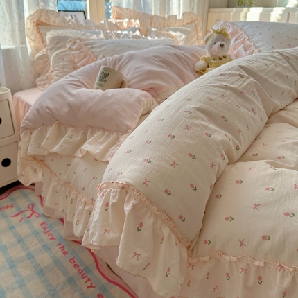 91家纺网 家纺一手货源 找家纺 （总）轻奢坊 2025新款水洗棉密拷花边款 四件套