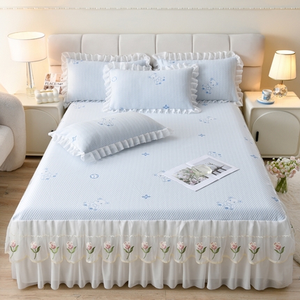 91家纺网 家纺一手货源 找家纺 （总）优家居 2025新款床裙款--A类2025夏季冰丝席床裙款豆豆凉席三件套刺绣花边蕾丝花边床裙可机洗水洗