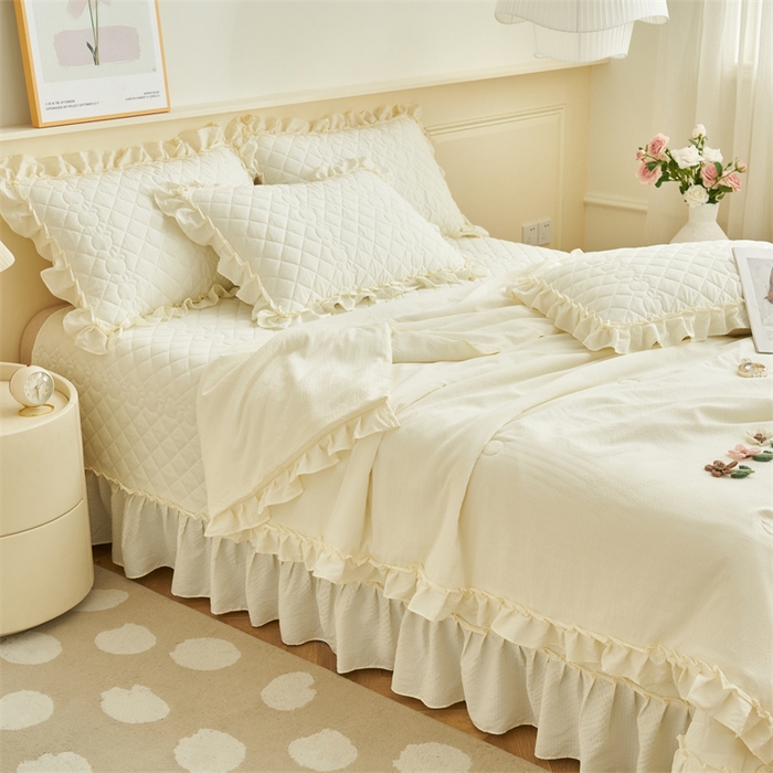 91家纺网 家纺一手货源 找家纺 恒爱家纺 2025新款A类泡泡纱夏被夏凉被空调被四件套-杜鹃 象牙白