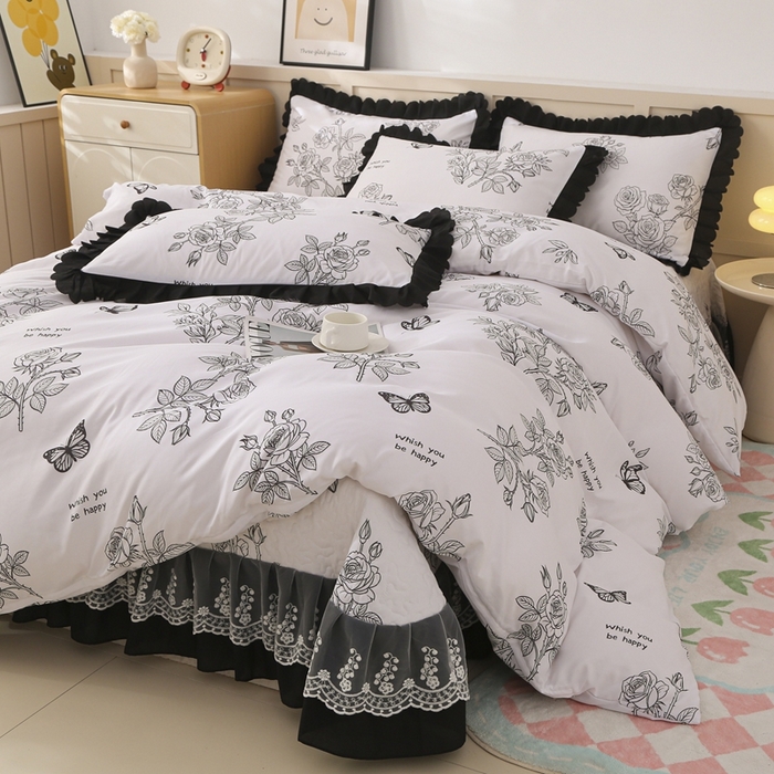 91家纺网 家纺一手货源 找家纺 铠畅  2025新款法式花边云朵棉床盖款夏被四件套 暗香