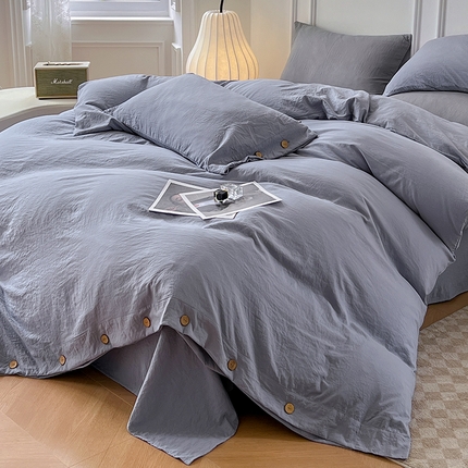 yyds网供 2025新款A类复古纽扣款四件套民宿高克重非全棉纯棉无印风日式水洗棉三件套[买家秀] 牛仔蓝-纯色纽扣款