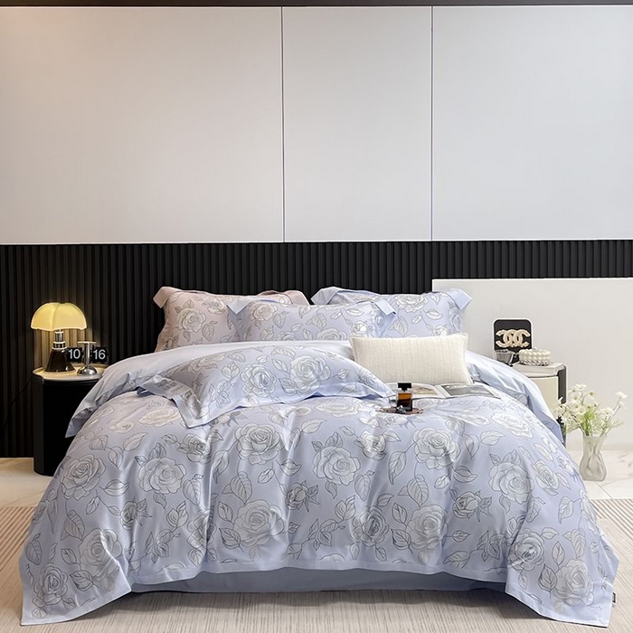 91家纺网 家纺一手货源 找家纺 2025新款夏季热款A类母婴级数码印花全棉四件套高端纯棉被套长绒棉床单床笠床上用品 沐熙-蓝