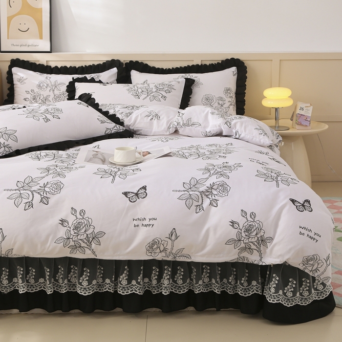 91家纺网 家纺一手货源 找家纺 铠畅  2025新款法式花边云朵棉床盖款夏被四件套 暗香