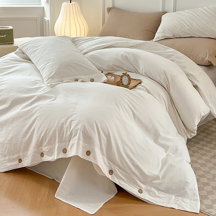 yyds网供 2025新款A类复古纽扣款四件套民宿高克重非全棉纯棉无印风日式水洗棉三件套[买家秀] 月光白-纯色纽扣款