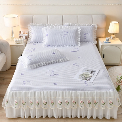 优家居 2025新款床裙款--A类2025夏季冰丝席床裙款豆豆凉席三件套刺绣花边蕾丝花边床裙可机洗水洗 盛夏-卡皮