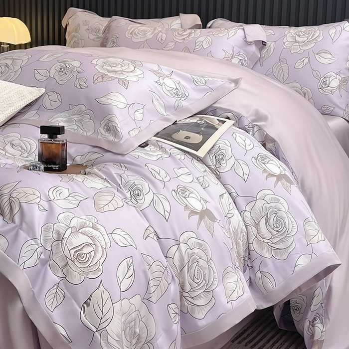 91家纺网 家纺一手货源 找家纺 2025新款夏季热款A类母婴级数码印花全棉四件套高端纯棉被套长绒棉床单床笠床上用品 沐熙-紫