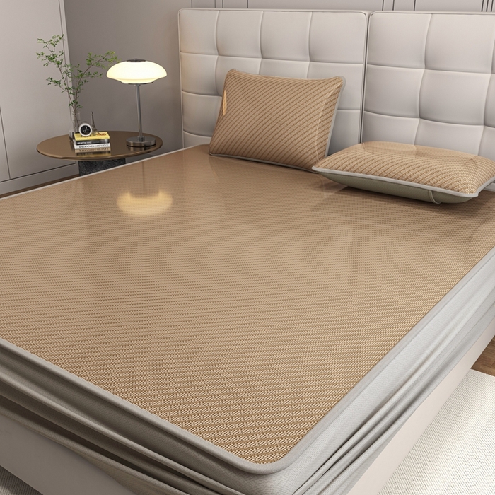 91家纺网 家纺一手货源 找家纺 欧邦 2025春夏新款水某星同款斜纹提花冰丝席三件套 床笠款-深咖