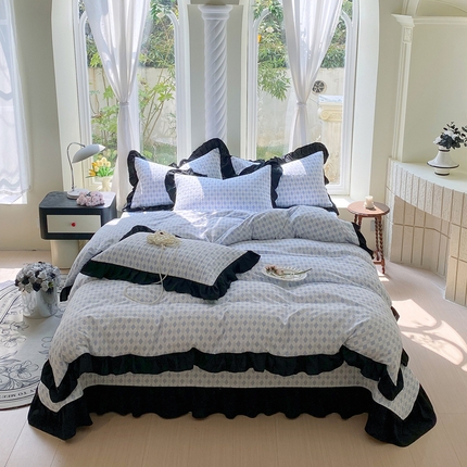 八方汇（一户被芯生活馆） 2025新款水洗棉花边夏被款夏凉被空调被床盖四件套 赫本-柔光蓝