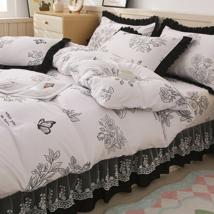 91家纺网 家纺一手货源 找家纺 铠畅  2025新款法式花边云朵棉床盖款夏被四件套 暗香