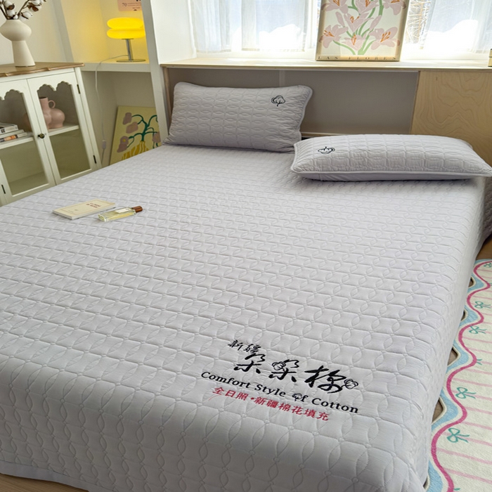 91家纺网 家纺一手货源 找家纺 云雀 2025新款A类加棉刺绣棉花床笠+盖毯 棉花盖毯-灰