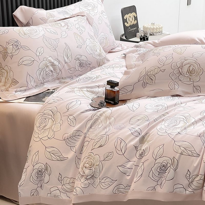 91家纺网 家纺一手货源 找家纺 2025新款夏季热款A类母婴级数码印花全棉四件套高端纯棉被套长绒棉床单床笠床上用品 沐熙-粉